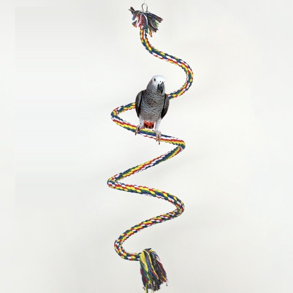 Colorful Rotate Cotton Rope Bird Perch Chew Toy for Parrot African Greys Macaw Eclectus Cockatoo Alexandrine Amazon Cage Swing with bells (M: 59 inch)