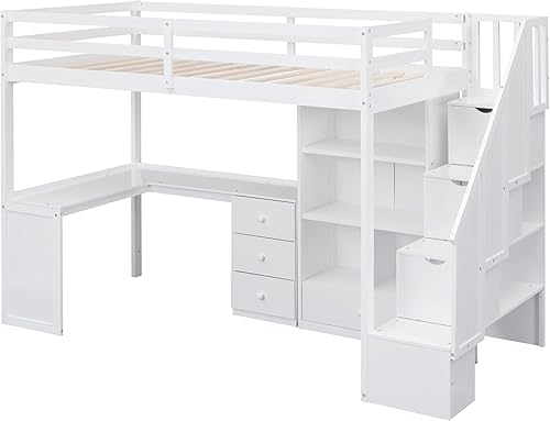 Miniatura 53 de Harper & Bright Designs Cama tipo loft de tamaño individual con escalera de almacenamiento y 2 armarios, cama tipo loft individual para niños con 2