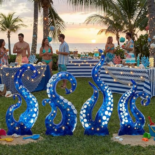 Image of DoubleFill 4 Pcs 26-39 Inch Lighted Octopus Arms Cardboard Cutout with Light Under the Sea Ocean Theme Party Decorations Stand up Aqua Animal Photo Props Back Drops for Party Decor