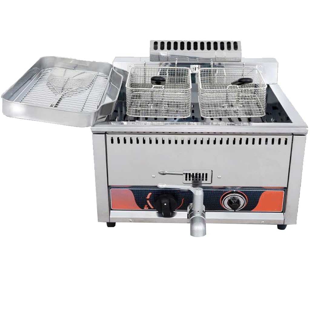 Freidora Industrial De 15l, Freidora De Metano De Acero Inoxidable, Freidora De Un Solo Tanque, 2 Cestas para Freír, Cámara De Humo, Elemento Calefactor Mejorado