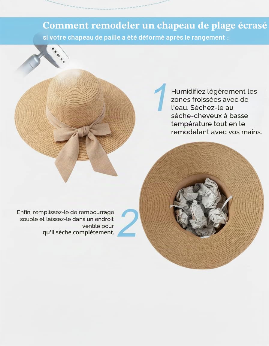 Gajaous Chapeau de soleil de plage pour femme UPF 50+, chapeau de paille à large bord pour femme avec nœud décoratif, léger, pliable, pliable, pliable et pliable