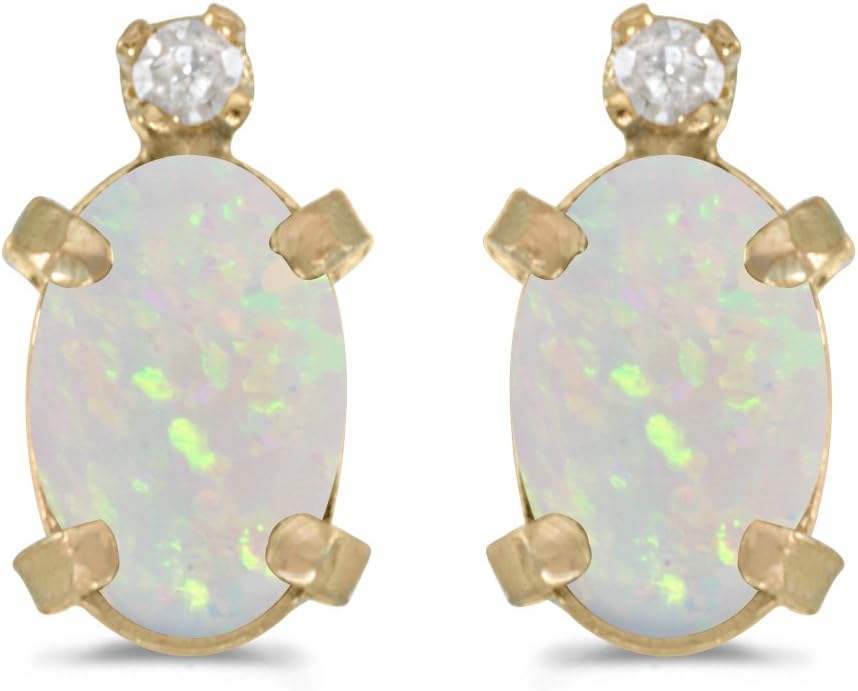 14k Yellow Gold Oval Opal And Diamond Earrings