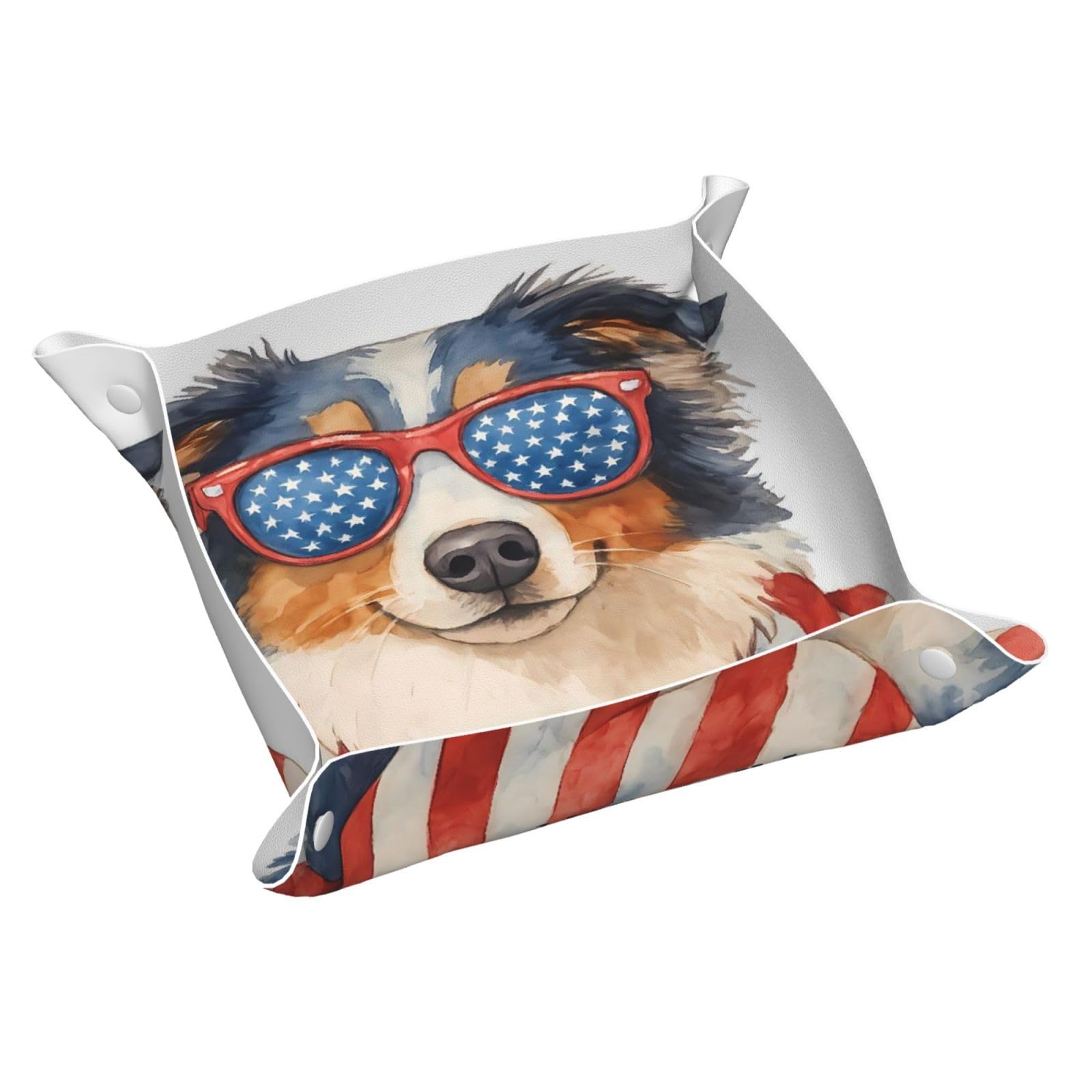 HLBSDM God Bless America & Australian Shepherd Tray Men's Leather Valet Parking Portable Entrance Trays Bedside Storage Box