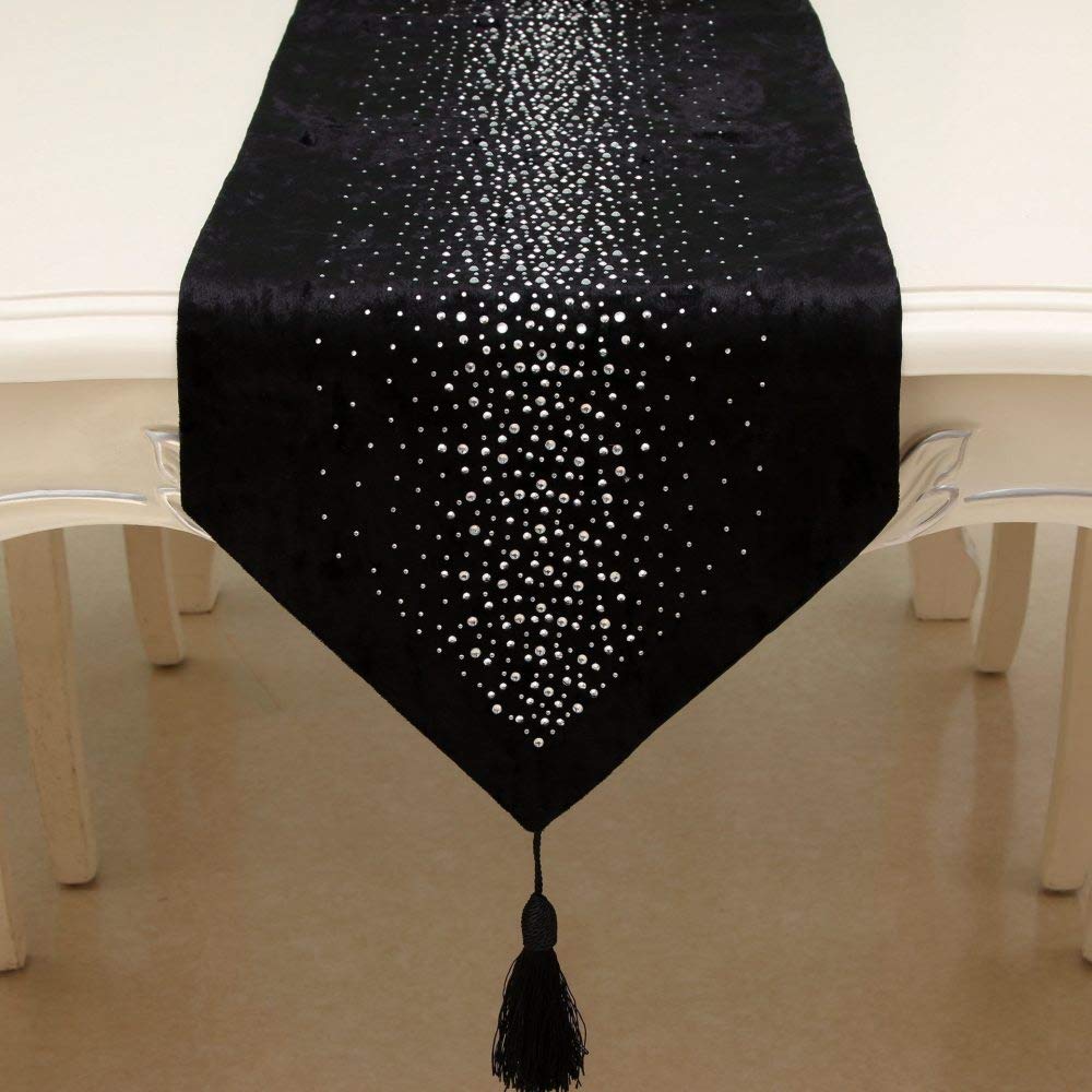 Runner Da Tavolino,Tovaglia Nera Di Lusso Con Strass In Velluto Europeo Nappa Squisita Elegante Stuoia Decorativa Scintillante Per Sala Da Pranzo Per Feste Di Matrimonio, 12,6 × 106,3 Pollici / 32