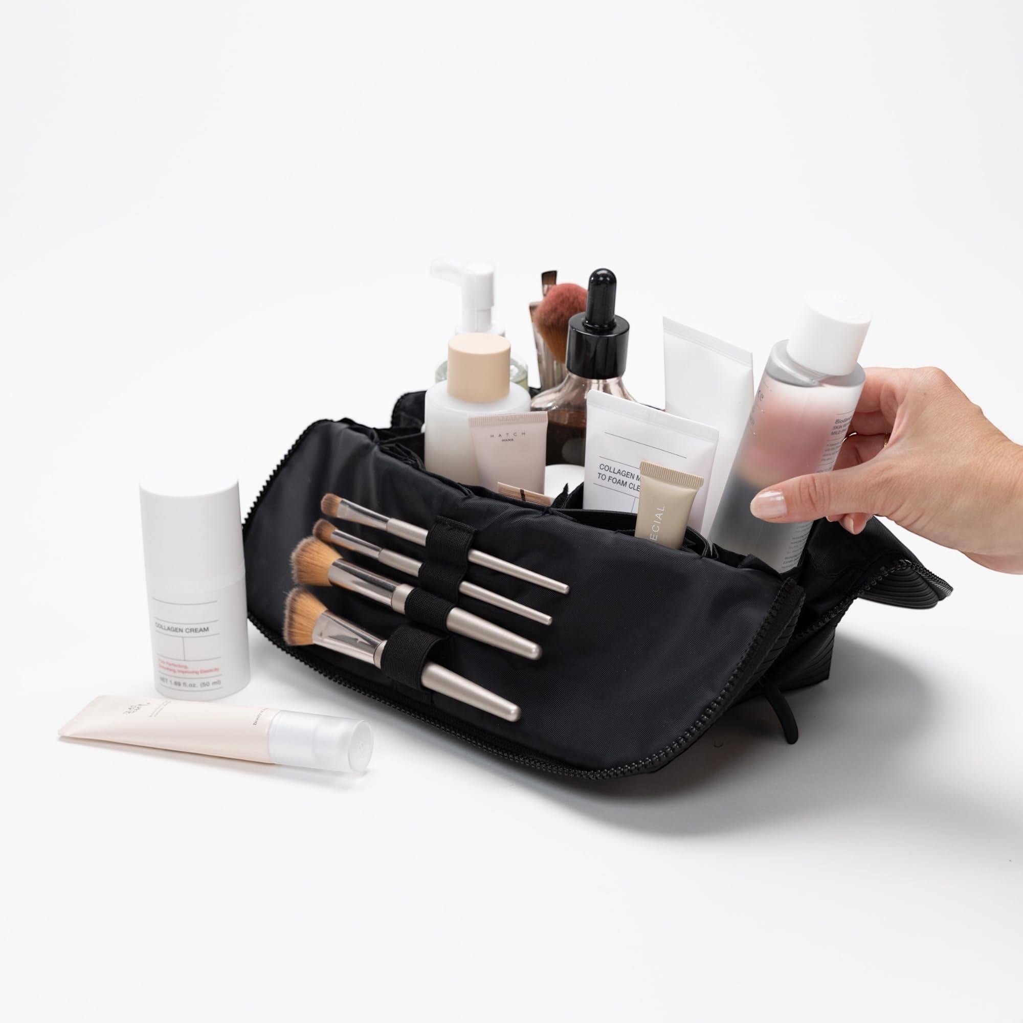 Vertikale wasserdichte Make-up- und Kulturbeutel, Reise-Organizer mit 23 Fächern, aufrecht, zusammenklappbar, für Hautpflege, Toilettenartikel und wichtige Dinge, Onyx, Medium, Modern