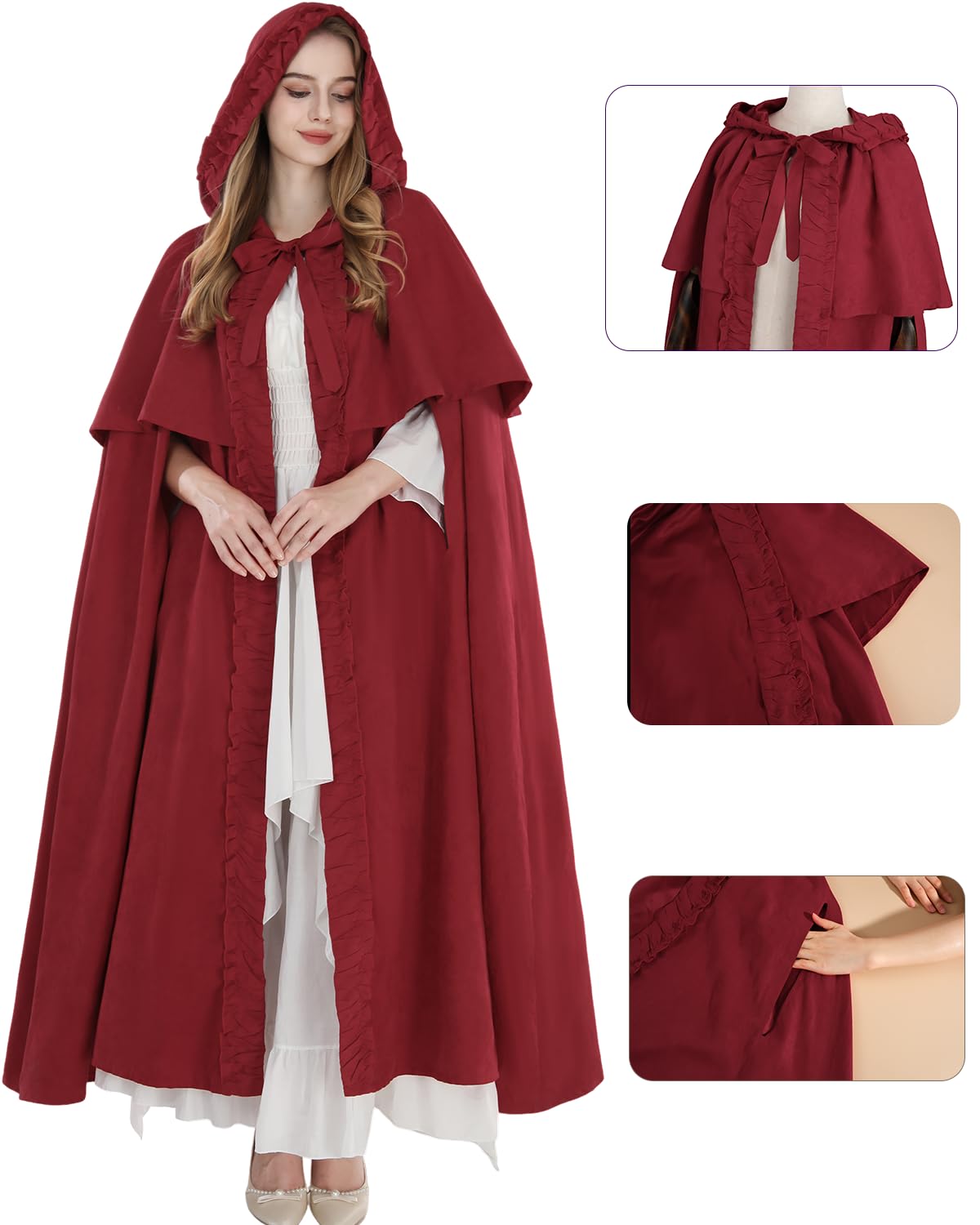 Fiamll Mittelalter Umhang Damen Kapuze Mantel mit Manschette Einfarbige Trenchcoat Renaissance Vampir Umhang Gothic Cosplay Cape Halloween Kostüm