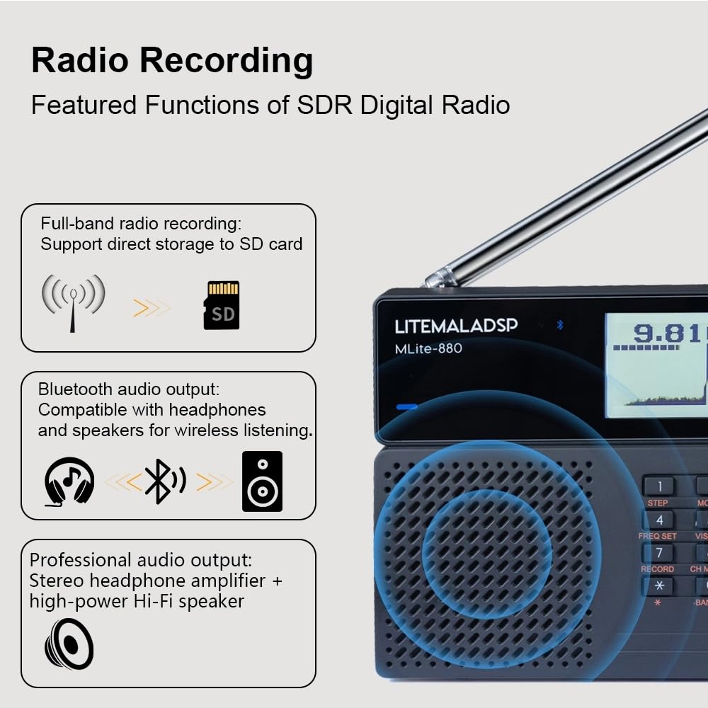 MLite-880 Tragbarer Allband-DSP/SDR-Radioempfänger, V2.1.0 Kurzwellenradio mit Spektrumanzeige, 5000-mAh-Akku und Bluetooth