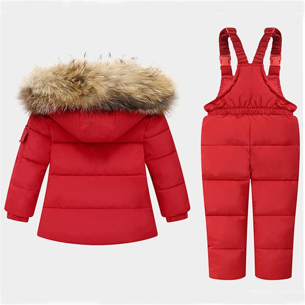 Baby Girls and Boys Winter Warm Hooded Fur Trim Zipper Snowsuit Puffer Down Jacket with Snow Ski Bib Pants