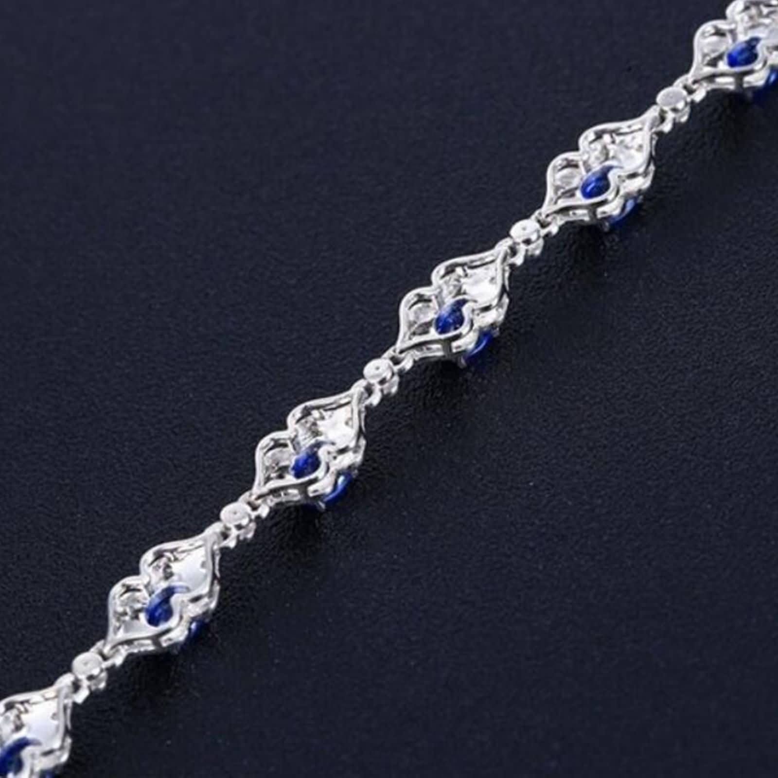 Pulsera Mujer de Oro Blanco 9 Kilates / 14 Kilates / 18 Kilates, Oval con Zafiro Creado de 1,79 ct y Moissanita, Cadena Extensible 16 CM + 5 CM, Pulsera Mujer de Plata Azul