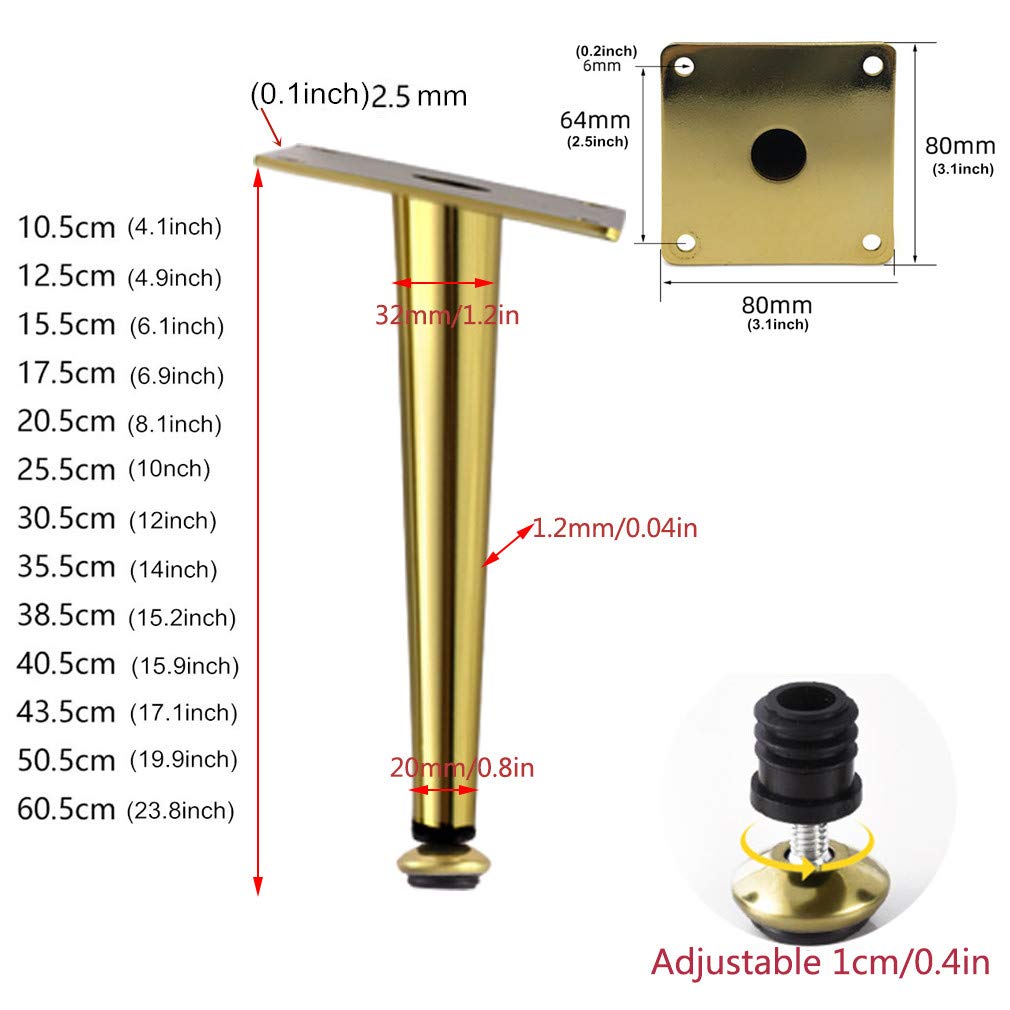 Piedini di Supporto in Metallo Regolabili di Ricambio per Gambe affusolate Dorate per Divano, Mobile TV, Tavolo, Altezza 0,1 cm, Dritti, 35,5 cm