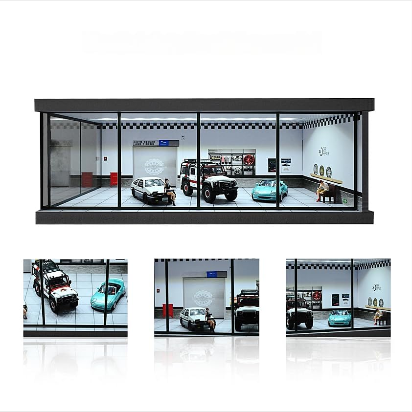 1/64 Diorama Car Garage, LED Lighting City Showroom, 1/64 Scale Diecast Car Parking Lot Storage, Scene Display Model Collection Gift (Repair Shop)