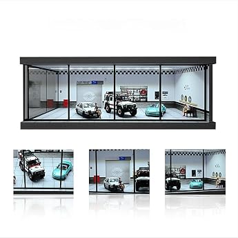 1/64 Diorama Garage Modell LED-Beleuchtung Auto Parkplatz Showroom Szene Modell Display Case f r 1/64 Skala Diecast Modell Auto Display Werkstatt Vitrine Sammlung Geschenk Repair Shop 5 Parkpl tze Acryl-Staubt r Werkstatt-Garagen-Szene f r 164 Druckguss-Hot-Wheels-Autos
