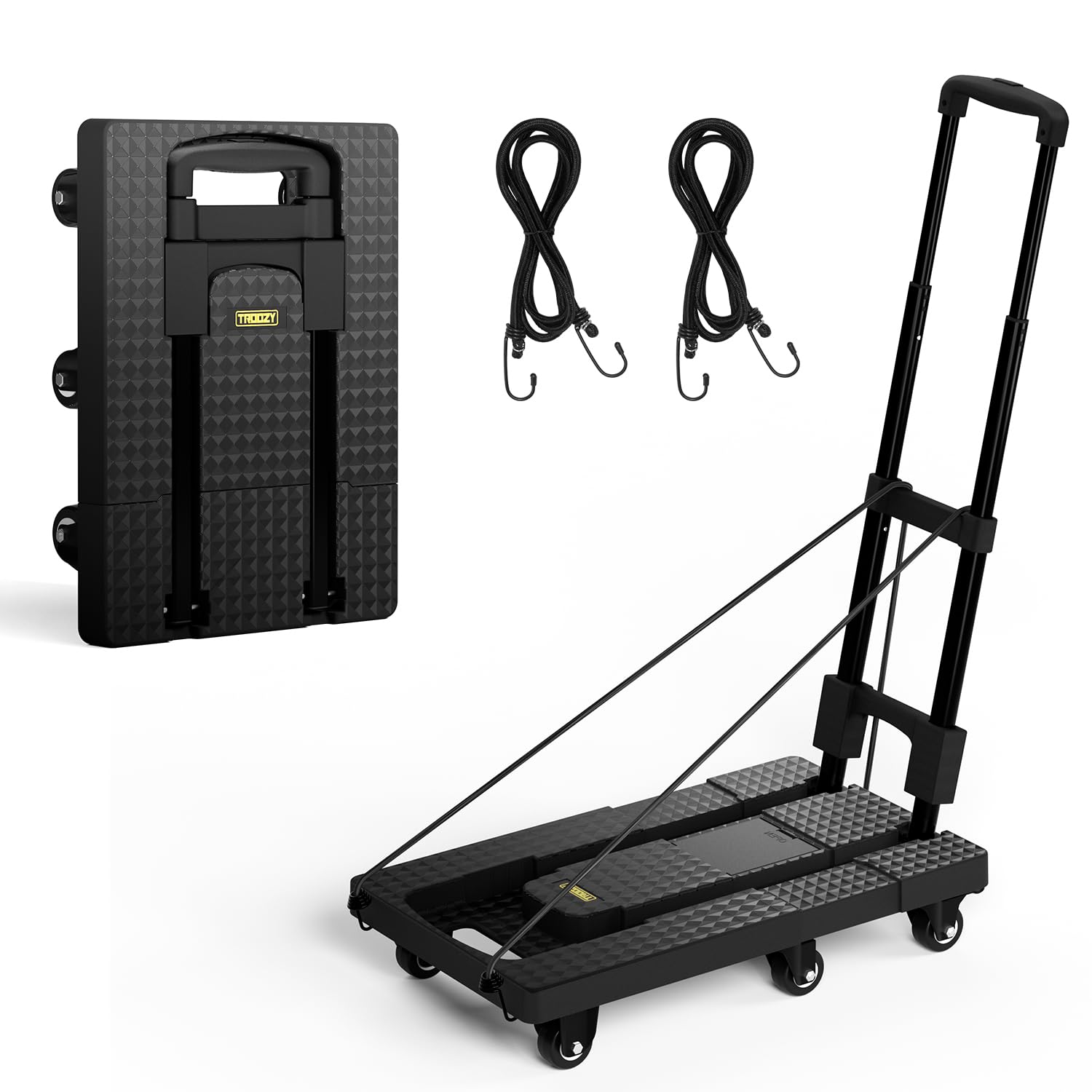 Diable pliable 200 kg à 6 roues avec freins et sangles pour déménagement noir