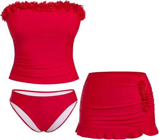 SweatyRocks Women's 3 Piece Strapless Swimsuits 3D Flower Tummy Control Vacation Tankinis with Skirt