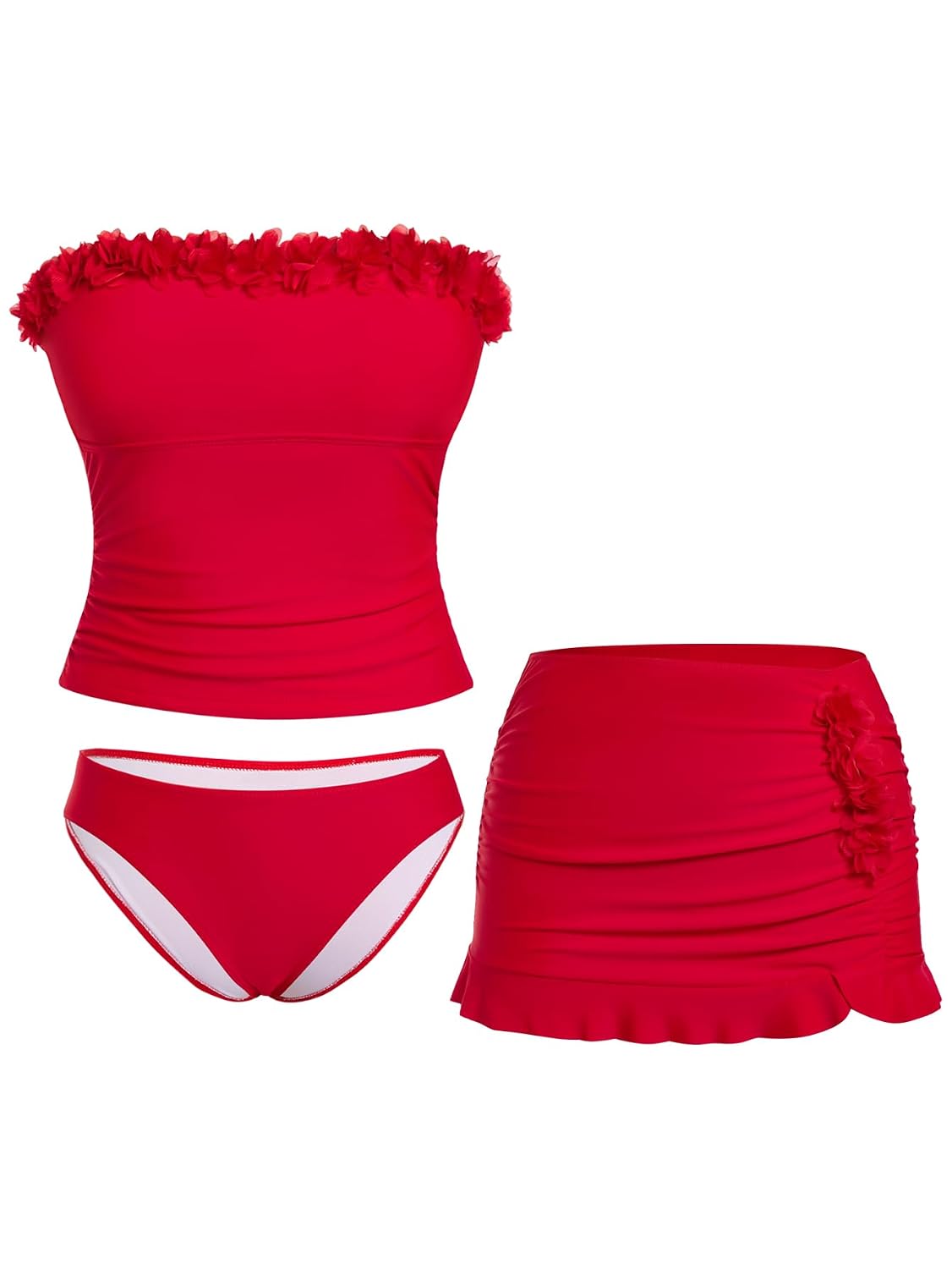 SweatyRocks Women's 3 Piece Strapless Swimsuits 3D Flower Tummy Control Vacation Tankinis with Skirt - Review, Price and Buying Guide