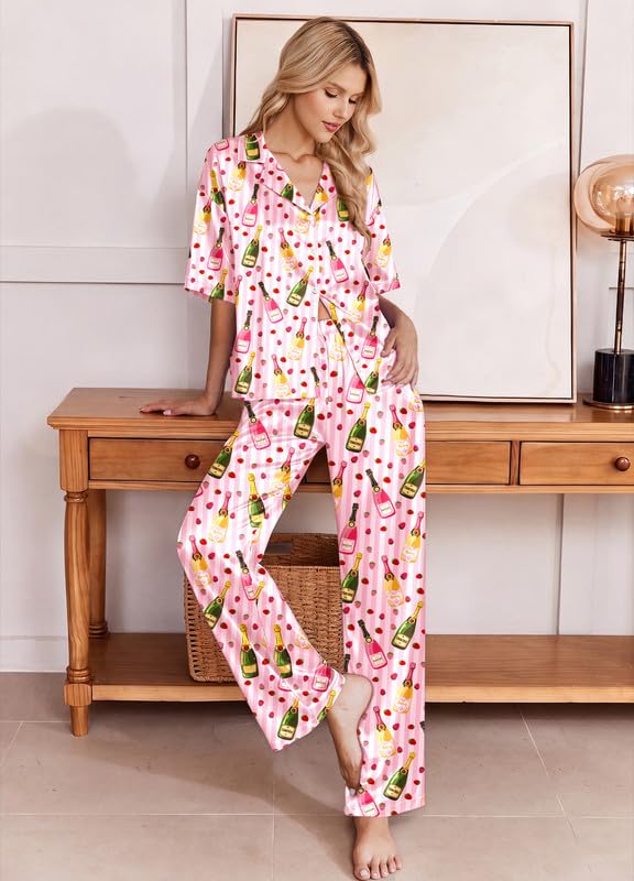 Image of Ekouaer Silk Satin Pajamas Set Women Short Sleeve Pj Sets Button Down Sleepwear 2 Piece Soft Loungewear S-XXL