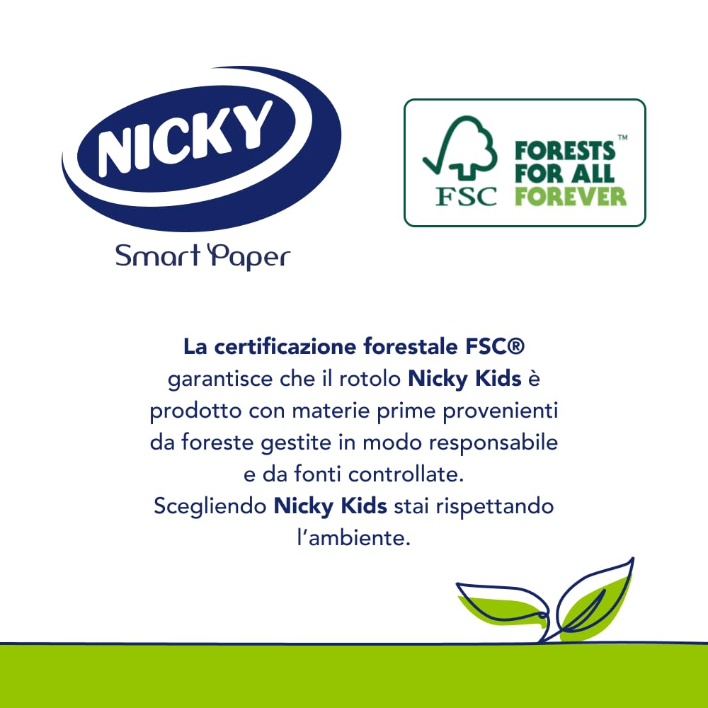 Nicky Kids – 42 Rotoli di Carta Igienica per Bambini, 170 Soffici Fogli a 3 Veli, Quattro Simpatiche e Colorate Trame, Ogni Rotolo Racconta una Storia, Carta 100% Certificata FSC
