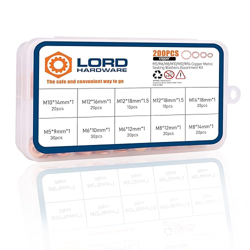 Miniatura 6 de LordHardware Kit surtido de 200 arandelas métricas de cobre, arandela de sellado plana M5 M6 M8 M10 M12 M14 (9 tamaños)