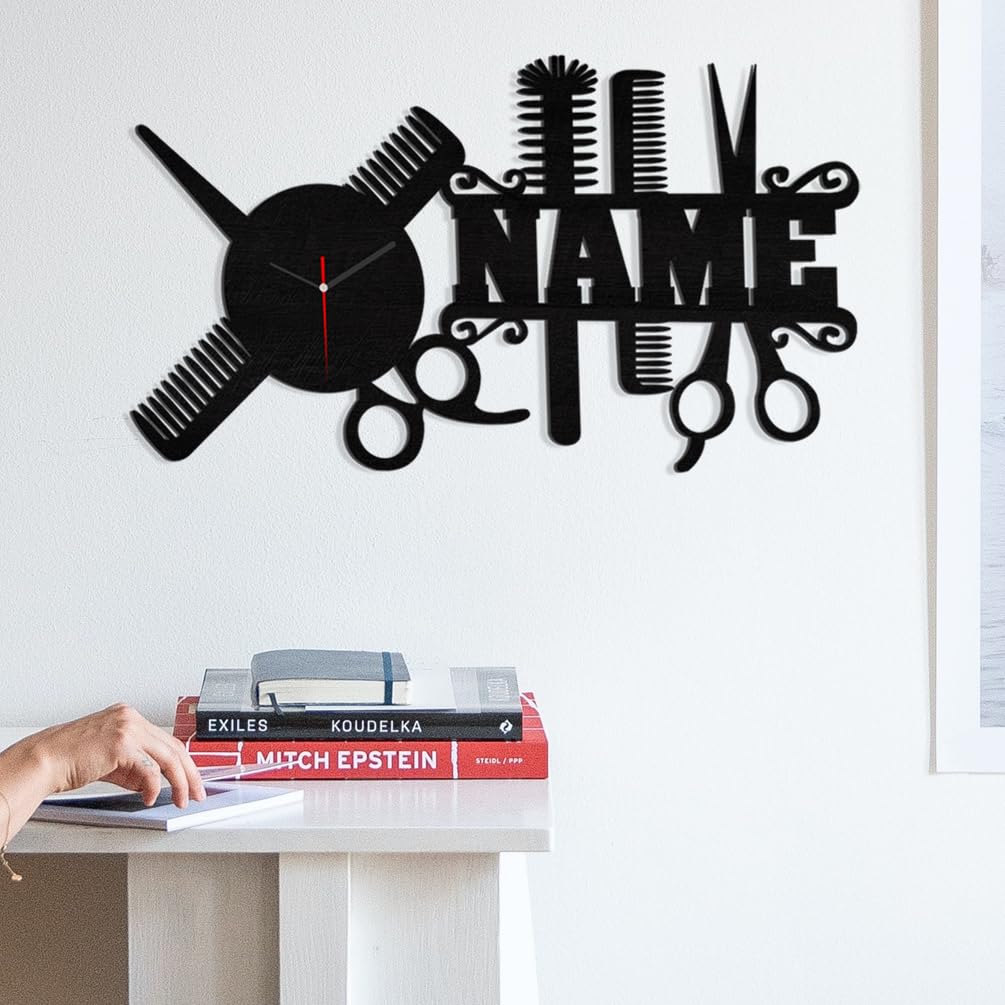 JeathFea Personalized Hairdresser Gifts Wall Clock Custom Name Wall Art Clock Metal Fun Salon Barber Shop Wall Clock with Scissors and Comb Pattern for Bedroom Living Room Kitchen