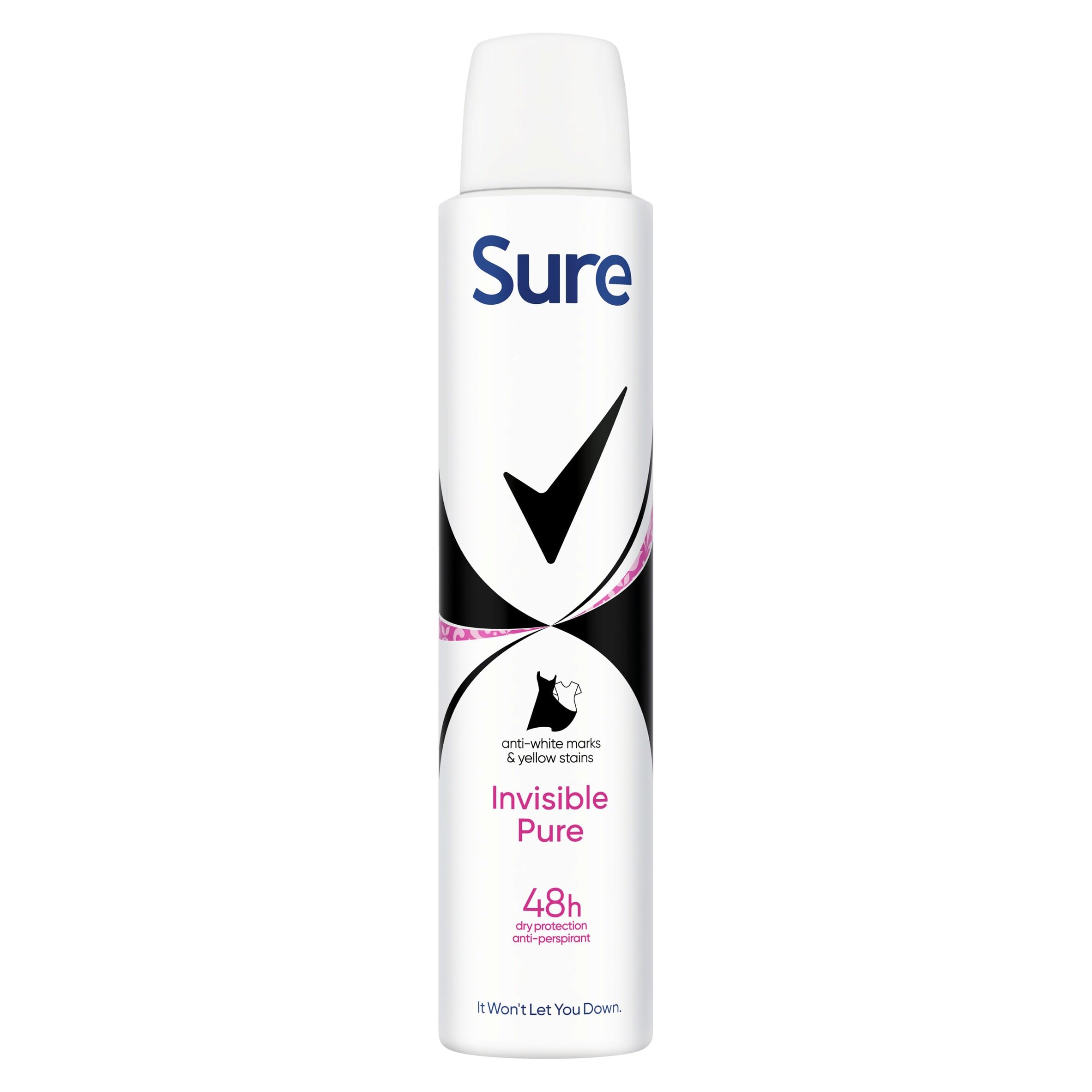 Sure Invisible Pure Dezodorant antyperspiracyjny dla kobiet, ochrona przed białymi śladami i żółtymi plamami, do 48 godzin, ochrona przed potem i zapachem, 200
