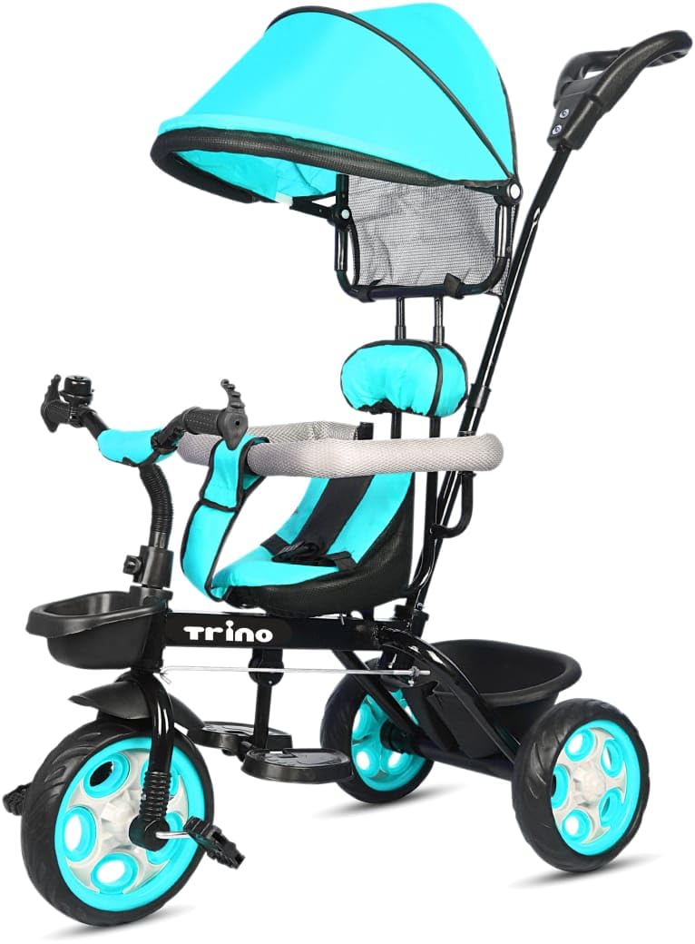 Trino Baby Tricycle, Parent Control Push Handle, Adjustable Canopy, 1-5 Years, 35kg Capacity, Turquoise