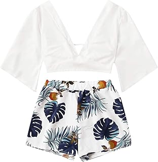 SweatyRocks Women's 2 Piece Boho Butterfly Sleeve Knot Front Crop Top with Shorts Set