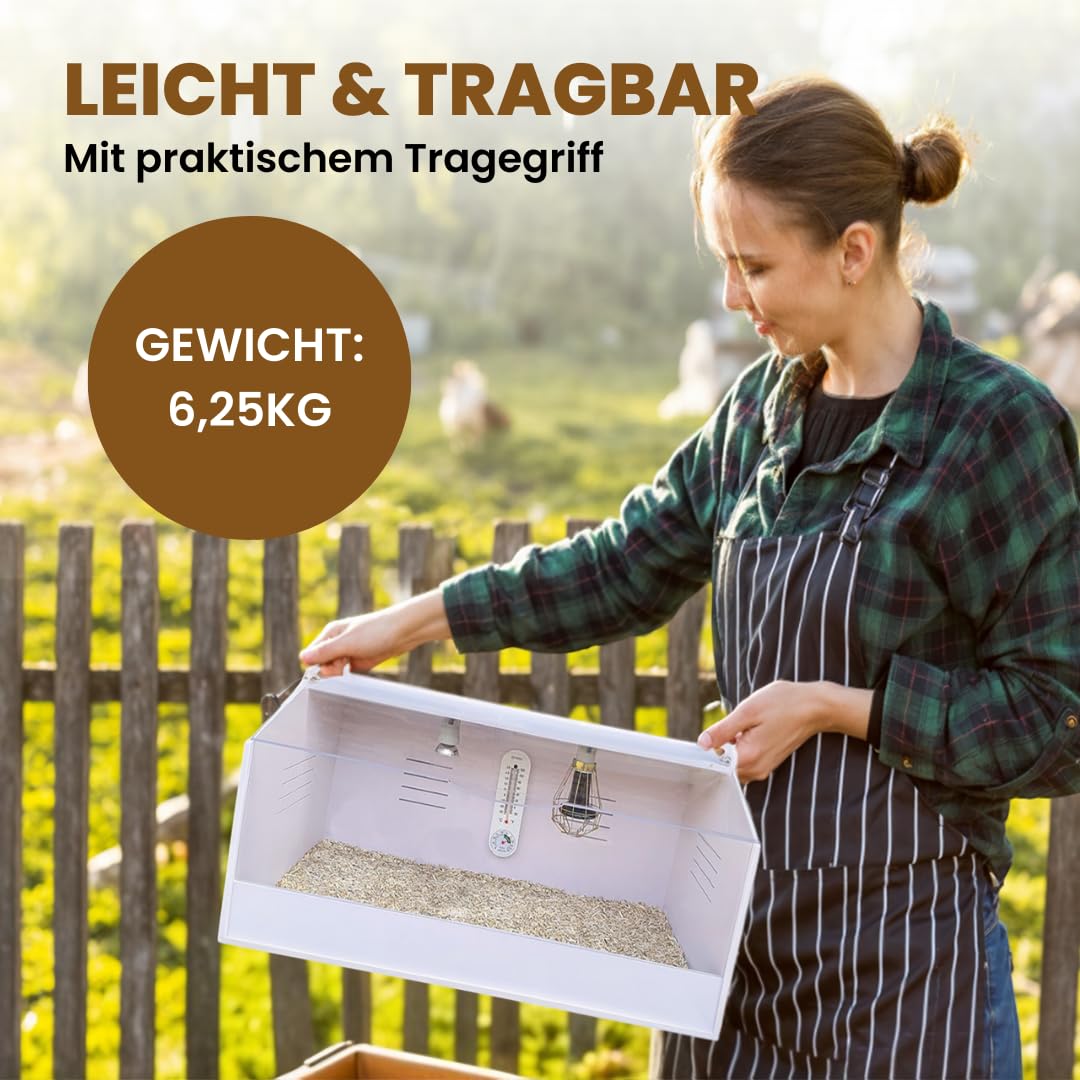 Breker Brutkasten Hühner [Komplettset] - Wärmelampe, Schutzkorb, Lichtquelle, Thermometer, Futterteller & Wassertränke | 80 x 40 x 40 cm | Kükenaufzuchtbox | Weiß