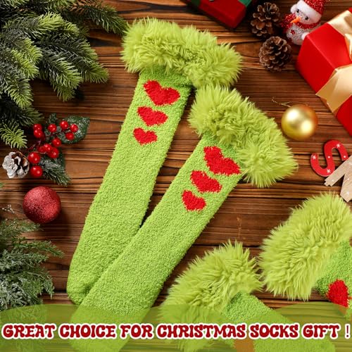 2 Pairs Christmas Lime Green Fuzzy Socks Xmas Plush Knee High Slipper Socks with Furry Faux Fur for Women Men Christmas Winter Gift4