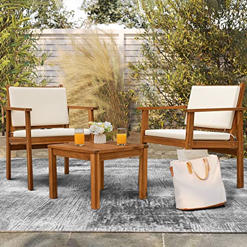 Flamaker Patio Chairs 3 Piece Acacia Wood Patio Furniture With Coffee Table & Cushions Outdoor Conversation Set Balcony Chairs For Porch, Deck, Backyard #TOP1