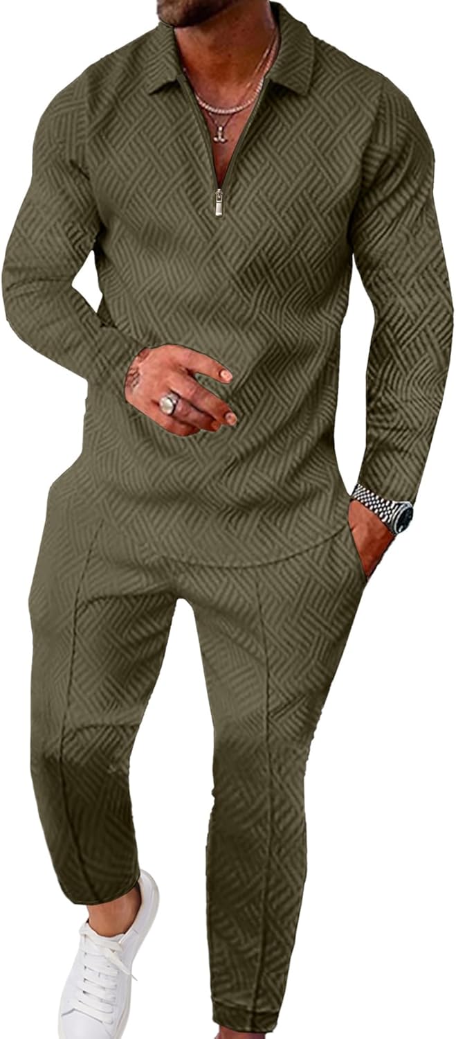 UOUA Mens 2 Piece Set Casual Outfits Polo Long Sleeve Shirt & Pants Tracksuit Loungewear Athletic Jogger Sweatsuit