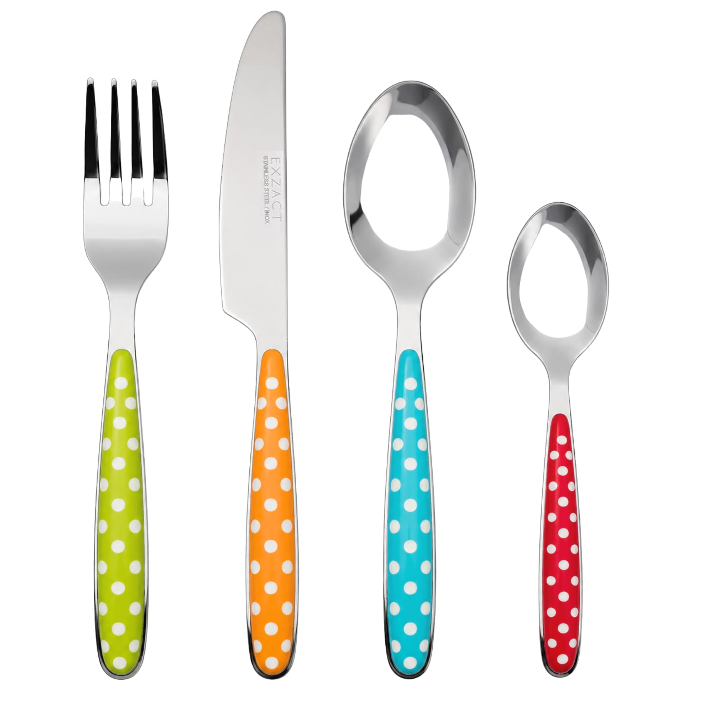 EXZACT 24 Piece Polka Dot Cutlery Set Mixed Colour Handles for 6