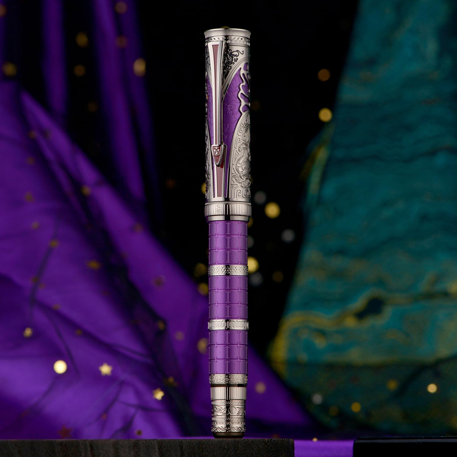 Hongdian D5X Fountain Pen Purple Color Medium Nib, Qin Dynasty Retro Chinese Totem Engraving Smooth Writing Pen with Converter and Pen Box Set - Image 2