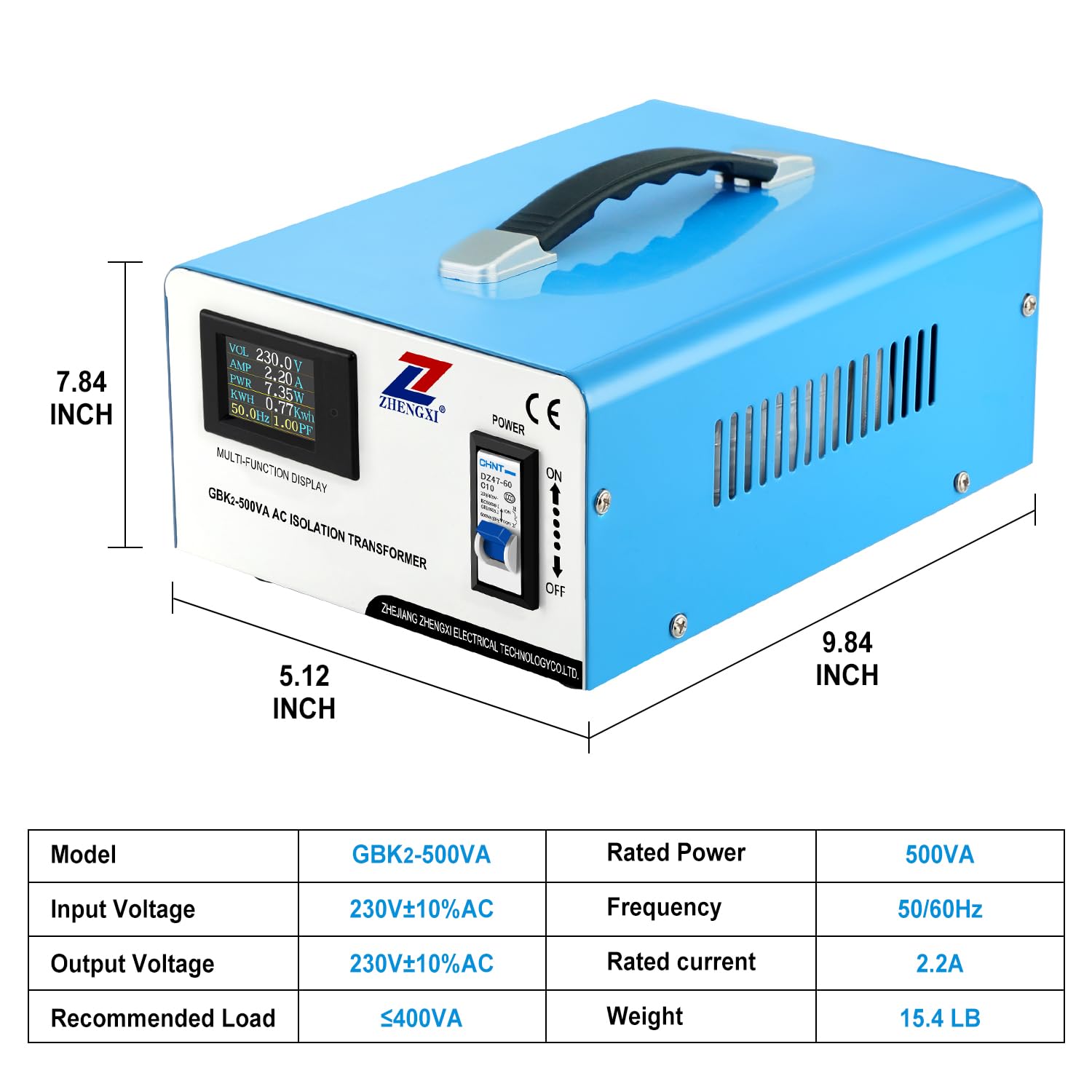 ZHENGXI ELECTRIC Transformator 230 V, transformator 500 W, wyświetlacz HD, bez gniazda, 2 gniazda wyjściowe