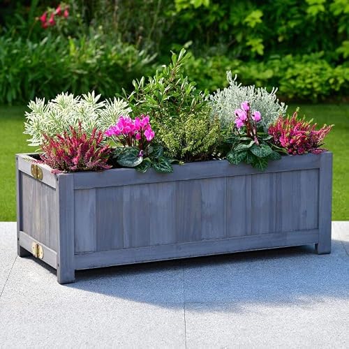 Image of Wooden Oblong Folding Planter - Large Rectangular Free Standing Decorative Firwood Design Pots for Plants in Grey Easy self assembly. Folds away for easy storage.
