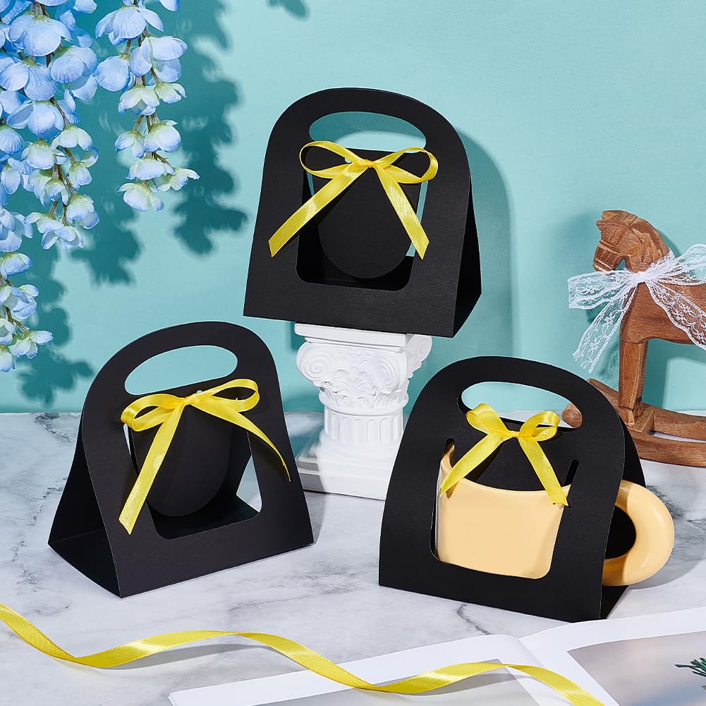 NBEADS 24 Pcs Mug Boxes for Gifts Coffee Mug Gift Boxes with 1 Roll Yellow Ribbon Paper Cup Holder with Handle for Bridesmaid Gifts Weddings DIY Decor, Black, 14x9cm - Image 4