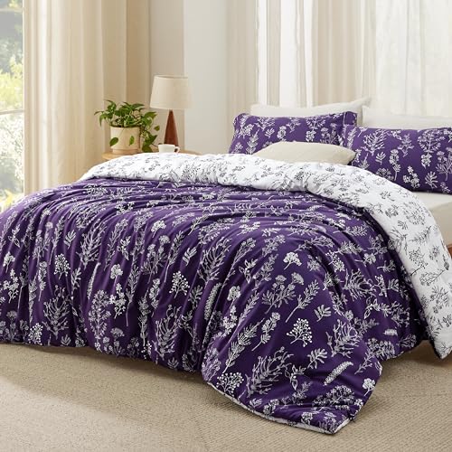 Image of Bedsure King Comforter Set - Dark Purple Bed Set, 3 Pieces Cute Floral Bedding, 1 Soft Reversible Botanical Flowers Comforter and 2 Pillow Shams