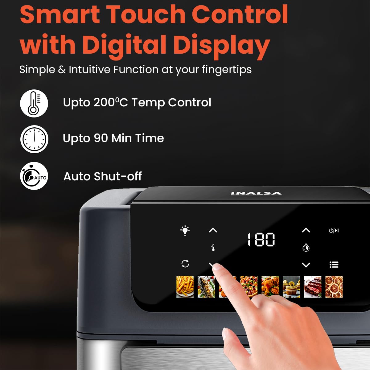 Close-up of the Smart Touch Control panel with digital display on the INALSA Air Fryer Oven, showing temperature, time, and auto shut-off icons.