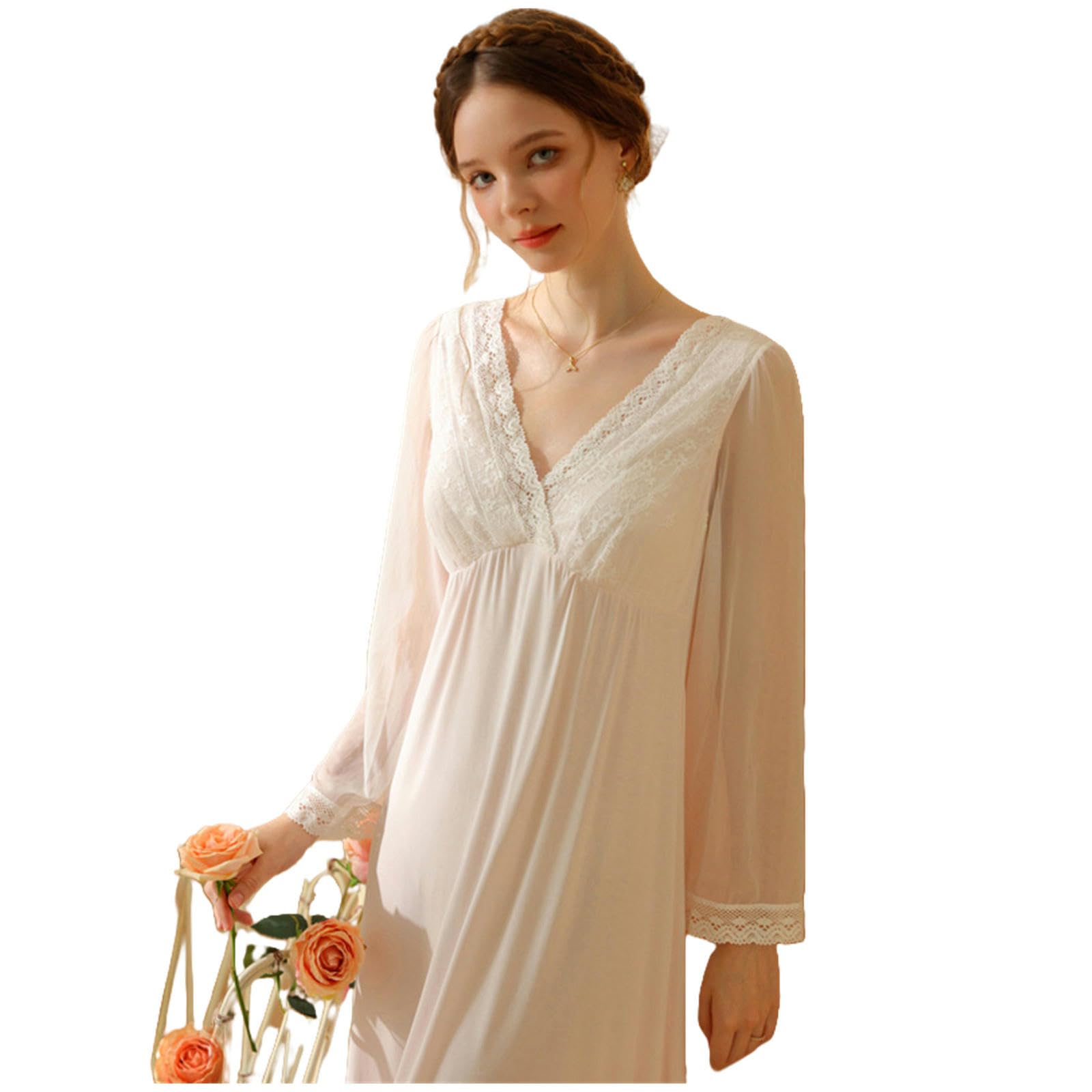 Nachthemd Damen Spitzennachtskleid Für Mädchen Frühling Und Herbst Langarm Süße Prinzessin Baumwolle V-Neck-Pyjama Mit Brustpolster-rosa-m