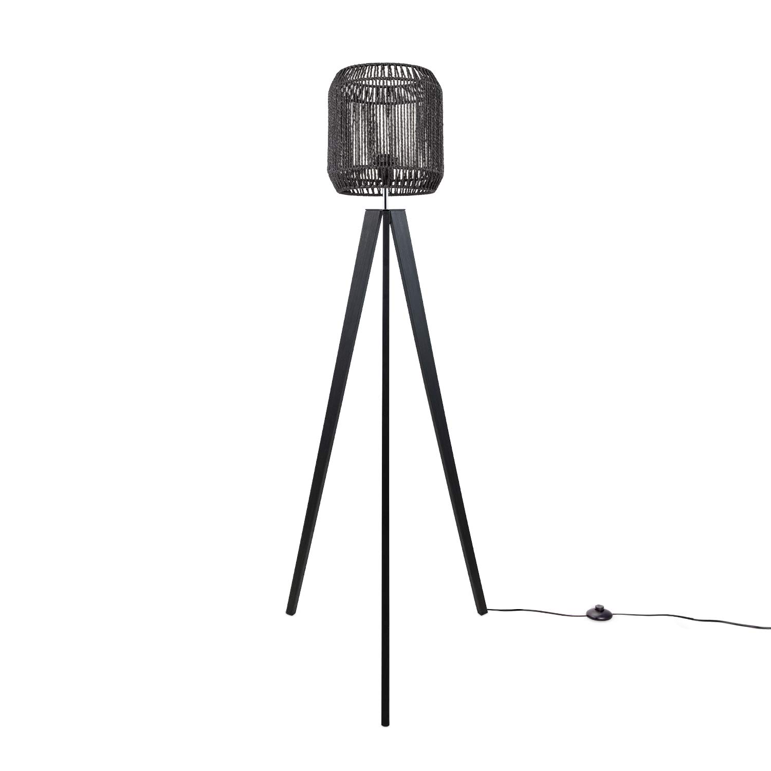 Paco Home Stehlampe Modern Wohnzimmer Schlafzimmer Rattan Optik Boho Korb Stehleuchte E27, Lampenfuß: Stehleuchte Schwarz, Lampenschirm: Schwarz (Ø28 cm)