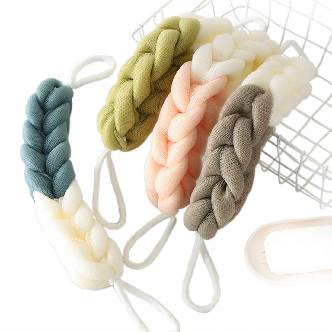 AARAINBOW 4 Packs Long Stretch Back Sponge with Rope Handles Back Scrubber Body Sponges for Bathing, Bath Shower Mesh Sponge Body Deep Cleaning for Men & Women (C-4 Mixed Color)