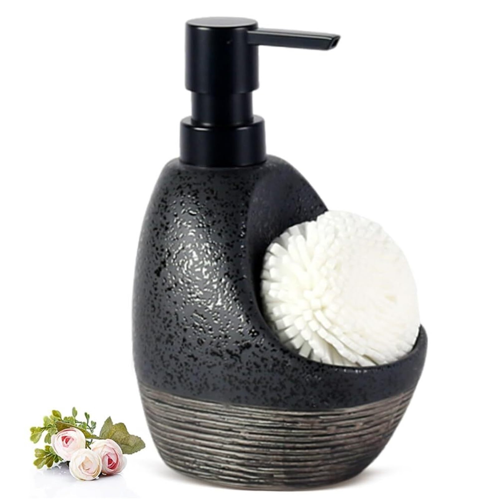 Qyleee Black Hand Ceramic Soap Dispenser With Sponge Holder Dish And Spong 2In1 Countertop Sink Organizer Dish For Bathroom(Black)
