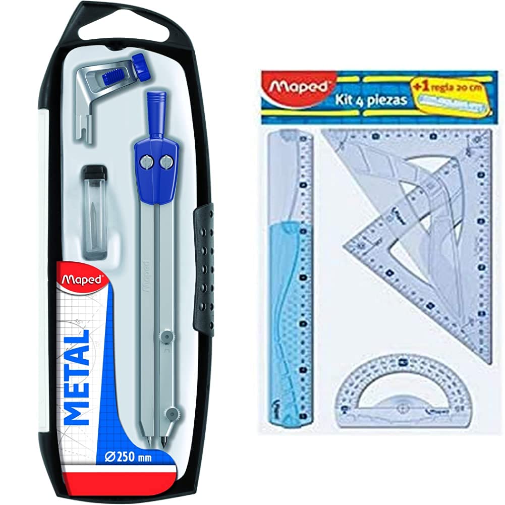 Maped 197512 Pack De Compás, Abrazadera Y Estuche De Minas, Negro, Plata + 227835 Kit Trazado 4+1, Regla De 30 Cm, Cartabón, Escuadra, Transportador Y Regla 20 Cm, Colores Surtidos
