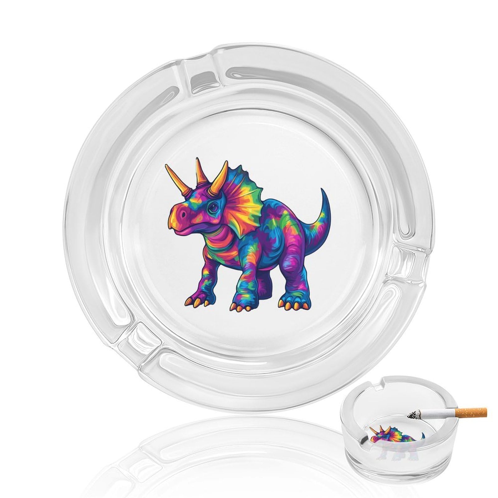 Tie Dye Triceratops Dinosaur Ashtray Portable Round Glass Outdoor Ash Tray for Home Office Garden Pub