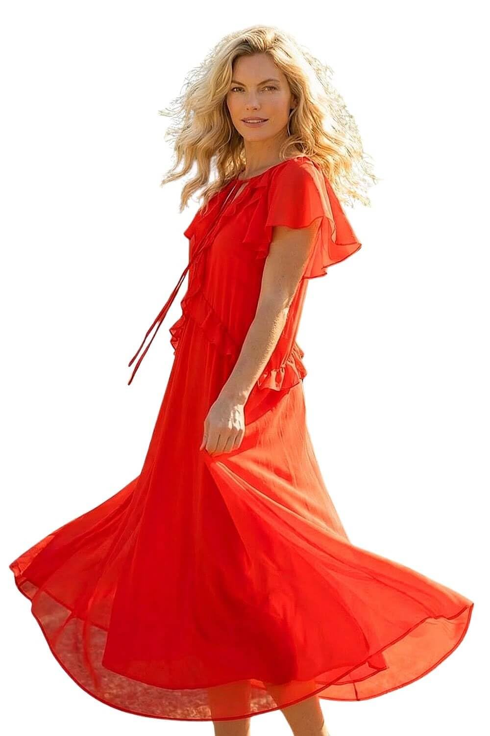 Roman Women's Red Frill Tie Neck Maxi Dress In | : Size 16