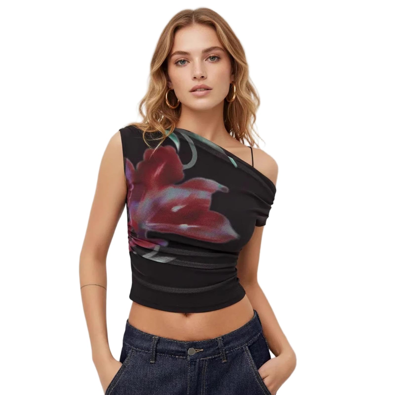 JCVBN - Top da donna con spalle scoperte, stampa floreale, increspato, senza maniche, trasparente, spalle scoperte, stampa floreale, increspato, corto, senza maniche, per uscire, estate
