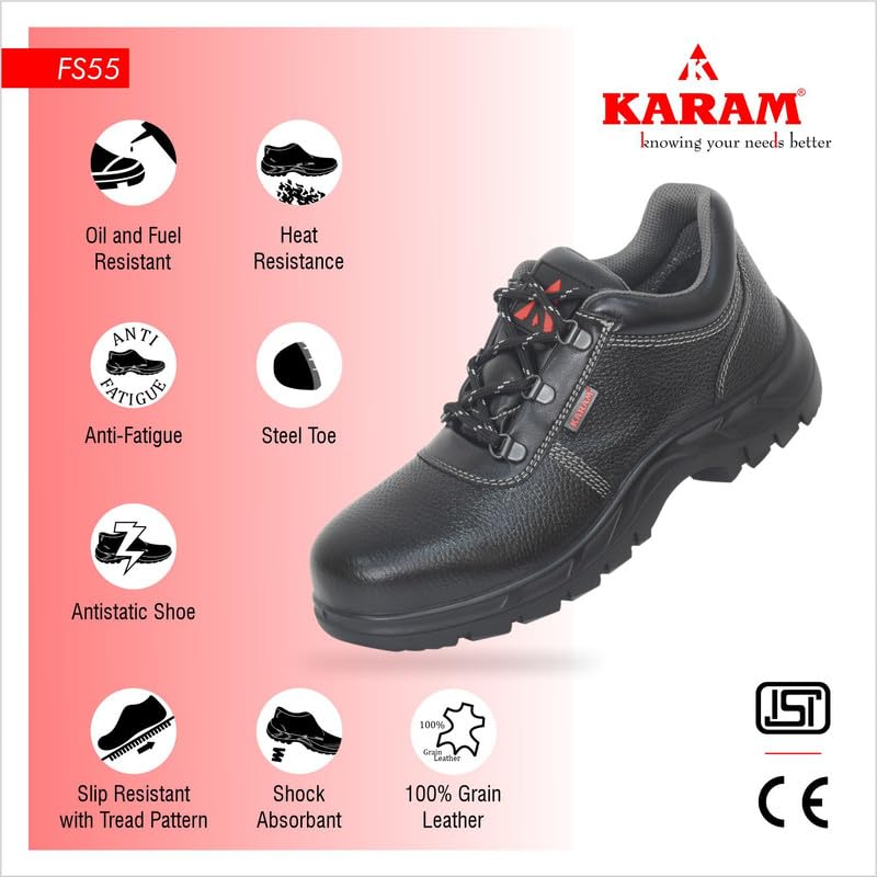 Image of Karam FS055 Black Leather Safety Shoes for Men | Single Density | Steel Toe | Antistatic, Antislip, Oil & Heat Resistant | Size-09