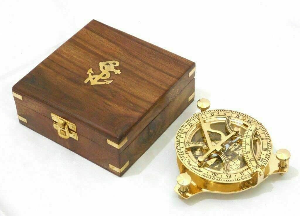 Brass Sundial Compass WEST London Nautical Compass with Wooden Box Handmade Vintage Gift