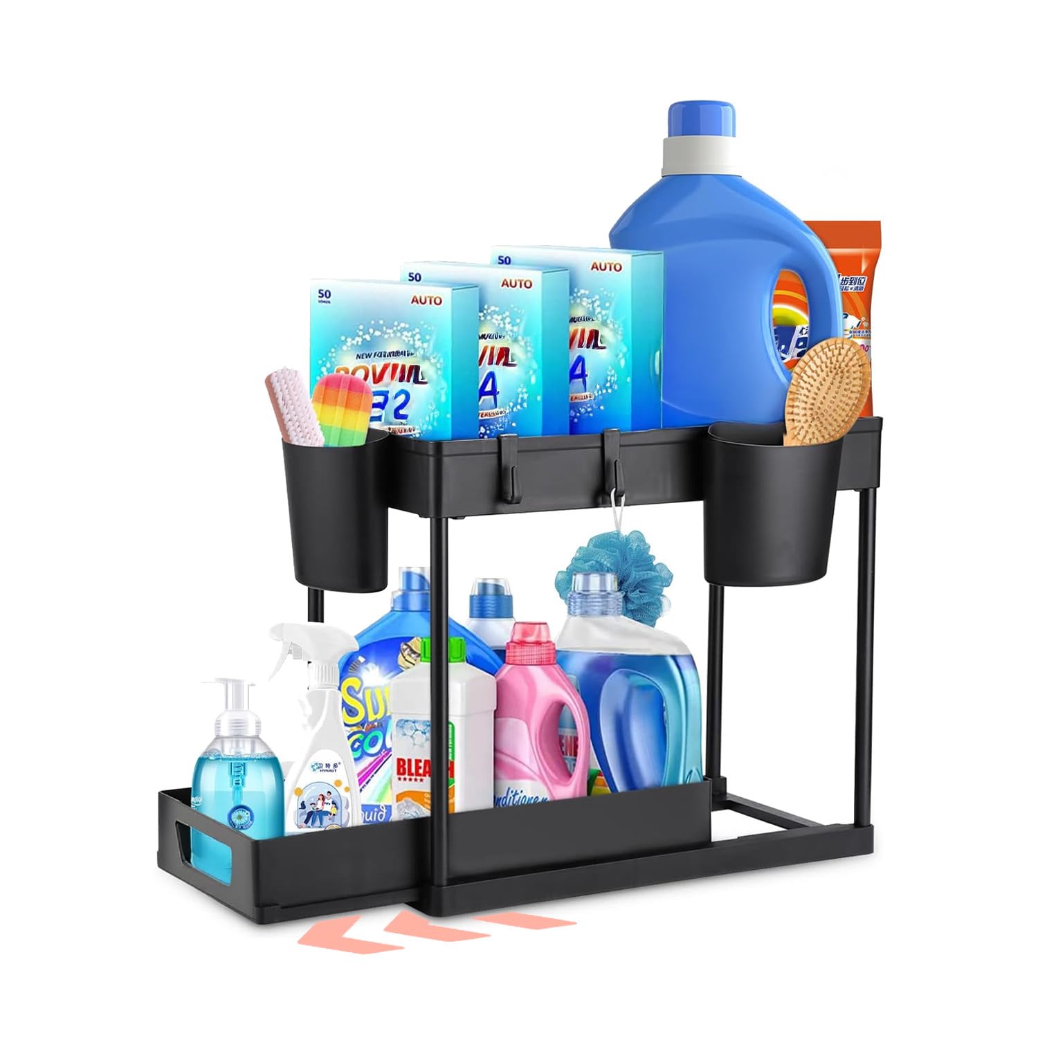 Avilia - Organizer Sottolavello Cucina a 2 Ripiani con Cestelli e Ganci per Ottimizzare Spazio in Bagno e Cucina, Facile da Montare, Ideale per Detergenti e Accessori di Uso Quotidiano