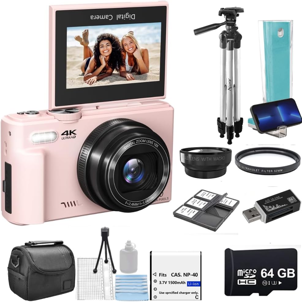 Acuvar 4K Digital Camera 64MP Creator Kit with 50" Tripod, Wide Angle & Macro Lens, 180° Flip Screen, WiFi, 16X Zoom, 64GB Card