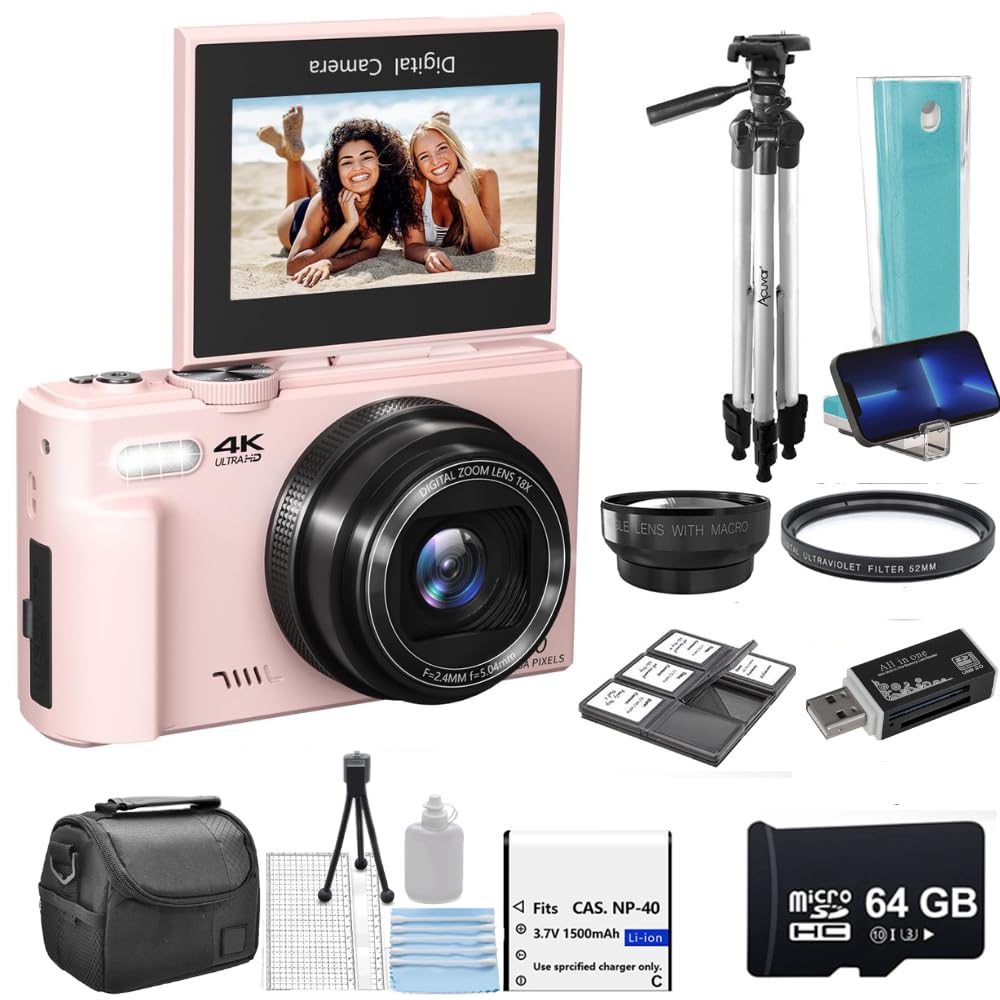 4K 56MP Digital Camera Kit for Photography, Vlogging Camera YouTube with Flip Screen, WiFi, Wide Angle & Macro Lens, 64GB Micro SD Card, 50" Tripod, Case, Card Reader, Microphone, LED (Pink)-image-30